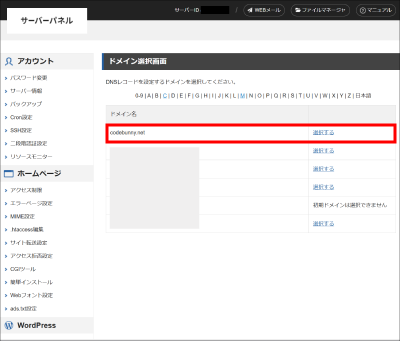 サーバーパネルドメイン選択画面